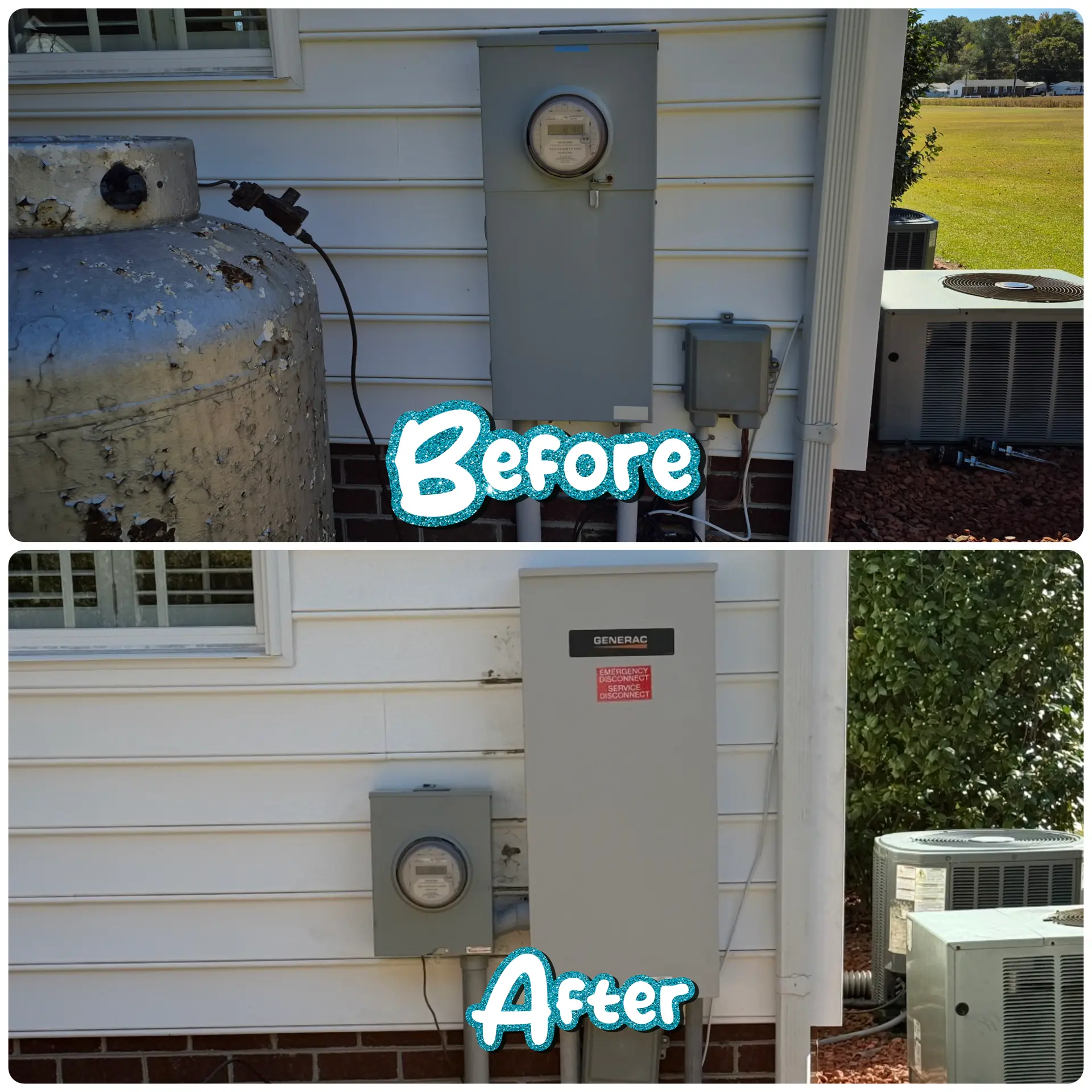Before and after of a Generac standby generator installation beside a home