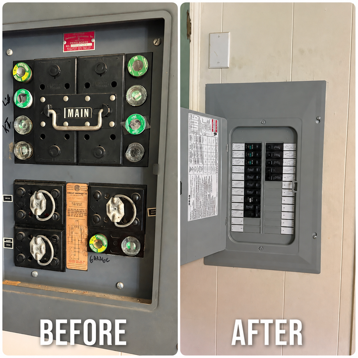 Before and after of an old fuse panel replaced with a modern labeled breaker panel