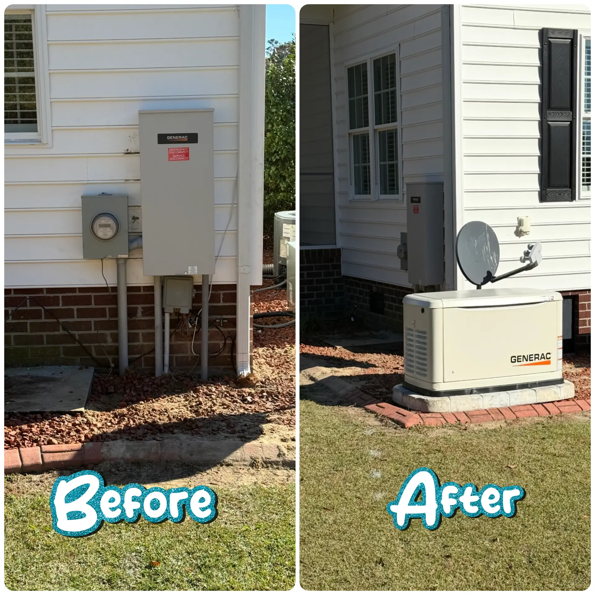 Before and after of a Generac standby generator installation beside a home
